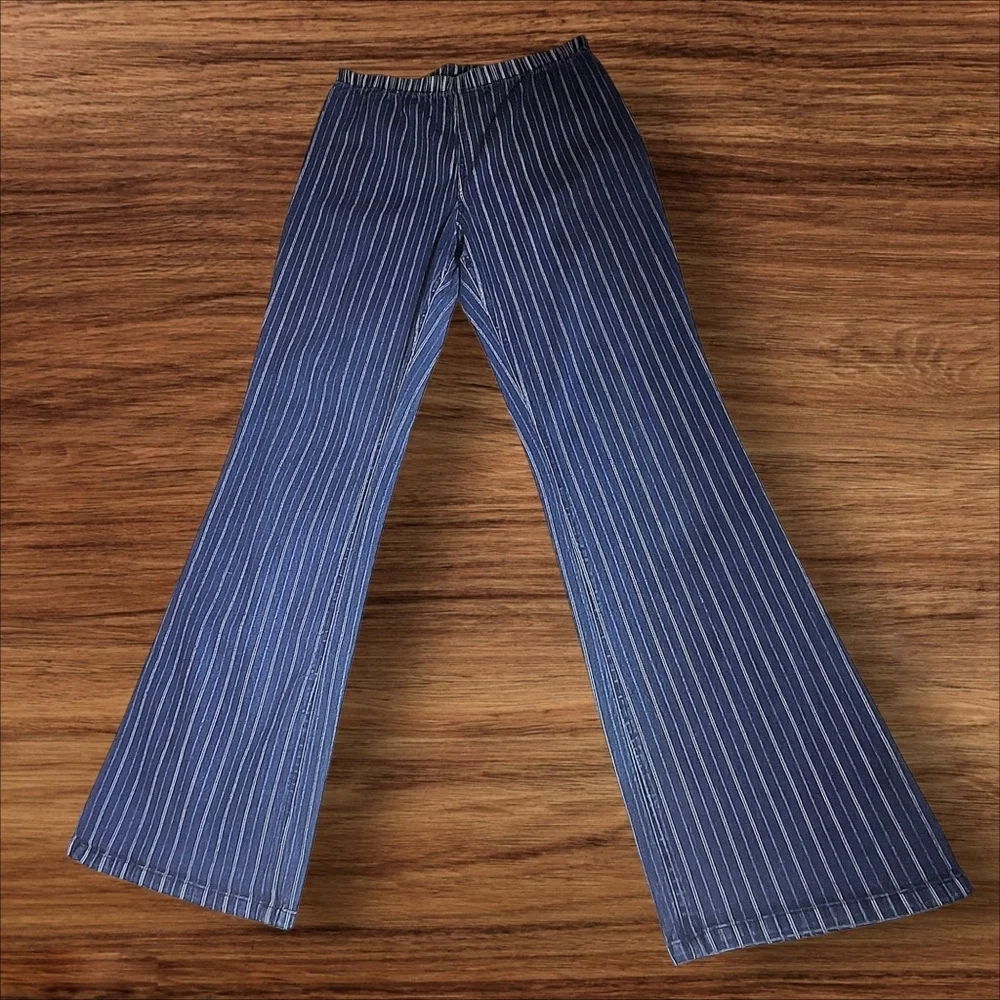 MetroStyle Blue & White Pinstripe Pull-On Comfy Cotton Pants Women Size Large